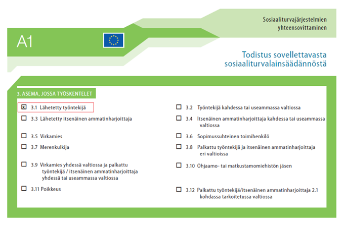 Kuva A1-todistuksesta, joka on myönnetty lähetetylle työntekijälle.